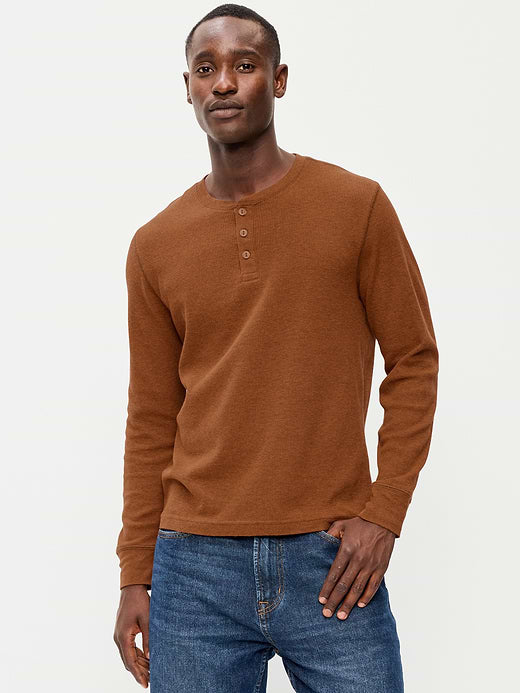 Long-Sleeve Waffle Henley T-Shirt - Gingerade