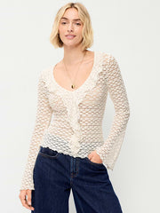 Fitted Bell-Sleeve Ruffle Top - Sea Salt