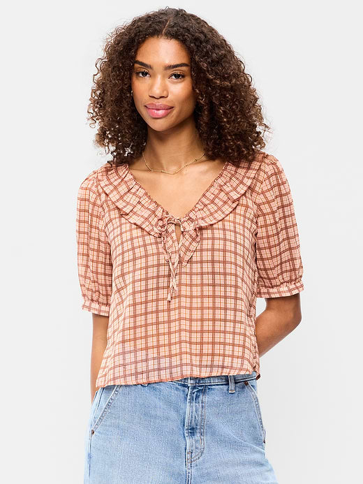 Ruffle Collar Tie-Front Chiffon Top - Pink Plaid