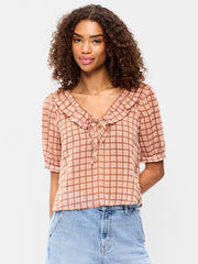 Ruffle Collar Tie-Front Chiffon Top - Pink Plaid