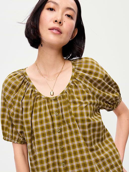 Short-Sleeve Button-Front Plaid Top - Green Plaid