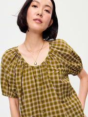 Short-Sleeve Button-Front Plaid Top - Green Plaid