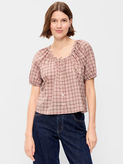 Short-Sleeve Button-Front Plaid Top - Pink Plaid