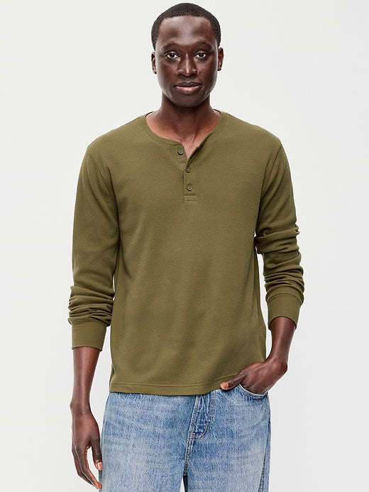 Long-Sleeve Waffle Henley T-Shirt - Jurassic Green