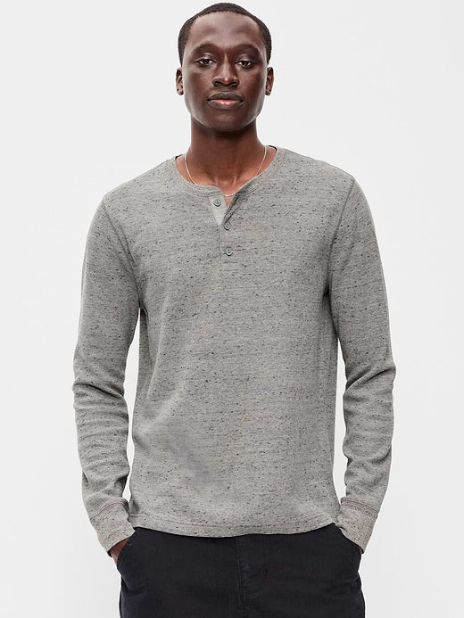 Long-Sleeve Waffle Henley T-Shirt - Heather Gray