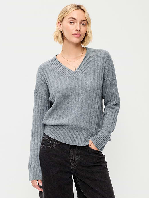 SoSoft Ribbed V-Neck Sweater - Heather Gray