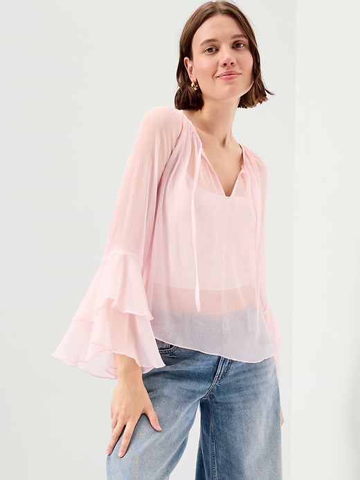 Sheer Chiffon Bell-Sleeve Top - Blush On You