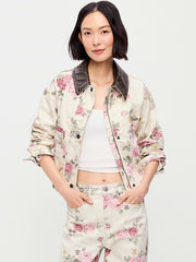Cropped Denim Barn Jacket - Floral Pattern