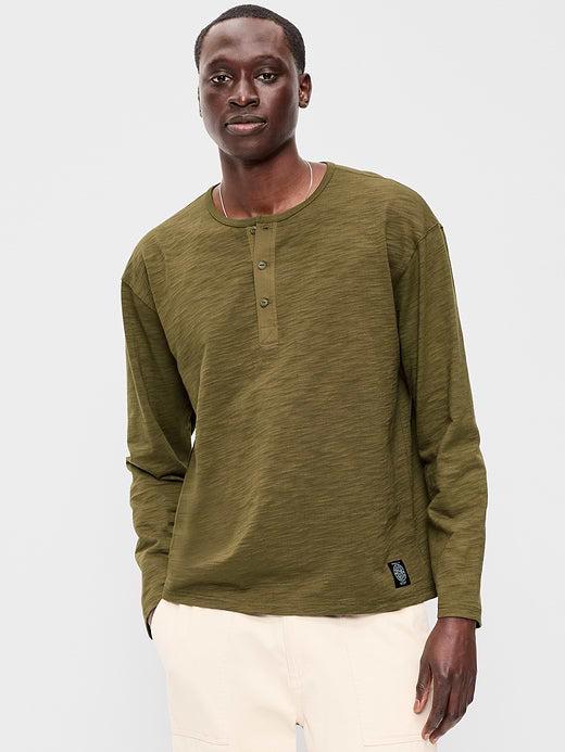 Long-Sleeve Slub-Knit Henley T-Shirt - Jurassic Green