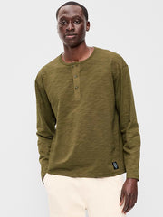Long-Sleeve Slub-Knit Henley T-Shirt - Jurassic Green