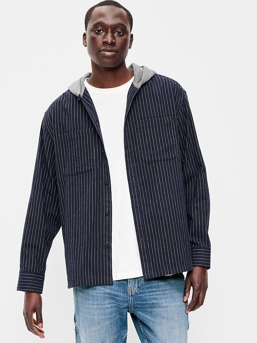 Long-Sleeve Flannel Hooded Shirt - Navy Stripe