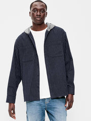 Long-Sleeve Flannel Hooded Shirt - Navy Stripe