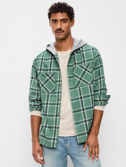 Long-Sleeve Flannel Hooded Shirt - Silver Fern