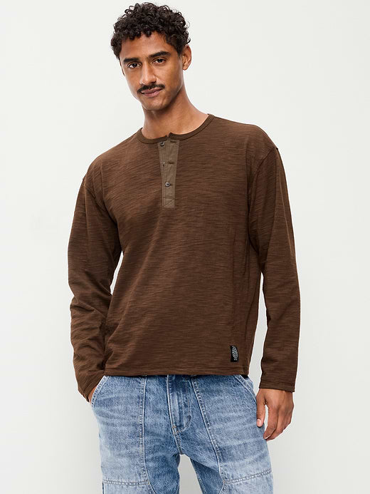 Long-Sleeve Slub-Knit Henley T-Shirt - Dark Walnut