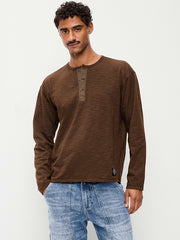 Long-Sleeve Slub-Knit Henley T-Shirt - Dark Walnut
