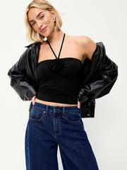 Tie-Neck Rosette Tube Top - Black Jack