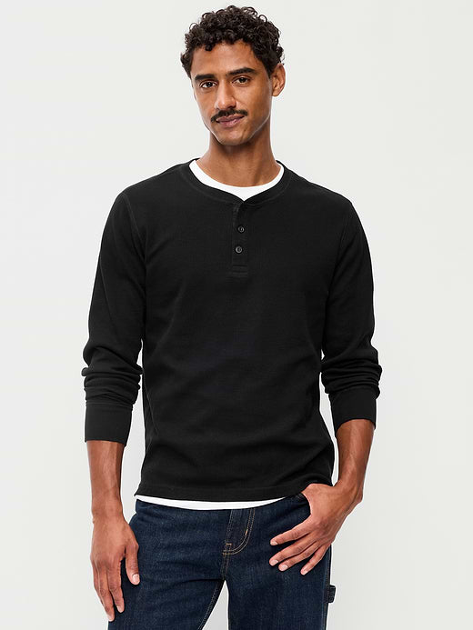 Long-Sleeve Waffle Henley T-Shirt - Black Jack