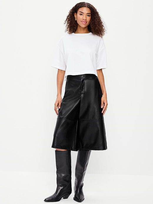 Mid-Rise Faux-Leather Baggy Culottes - Black Jack