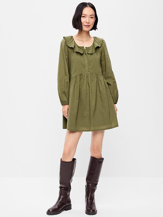 Long-Sleeve Ruffle-Collar Swing Mini Dress - Hearthwood