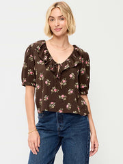 Ruffle Collar Tie-Front Top - Brown Floral