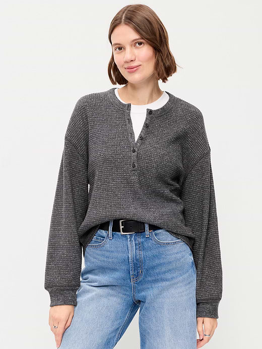 Long-Sleeve Crew-Neck Henley T-Shirt - Dark Gray