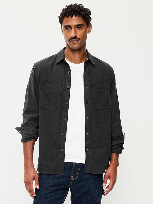 Relaxed Long-Sleeve Flannel Pocket Shirt - Black Jack