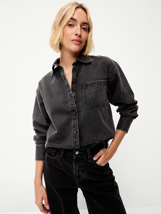 Oversized Boyfriend Button-Down Jean Shirt - Black Wash