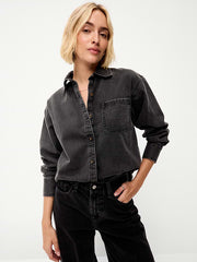 Oversized Boyfriend Button-Down Jean Shirt - Black Wash