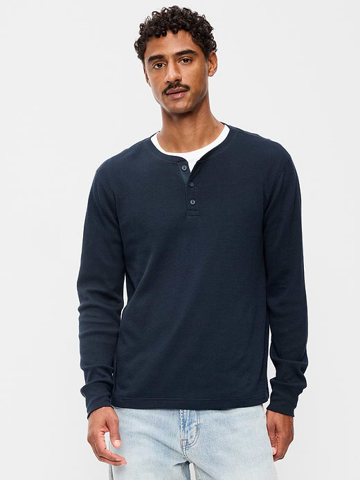 Long-Sleeve Waffle Henley T-Shirt - In the Navy