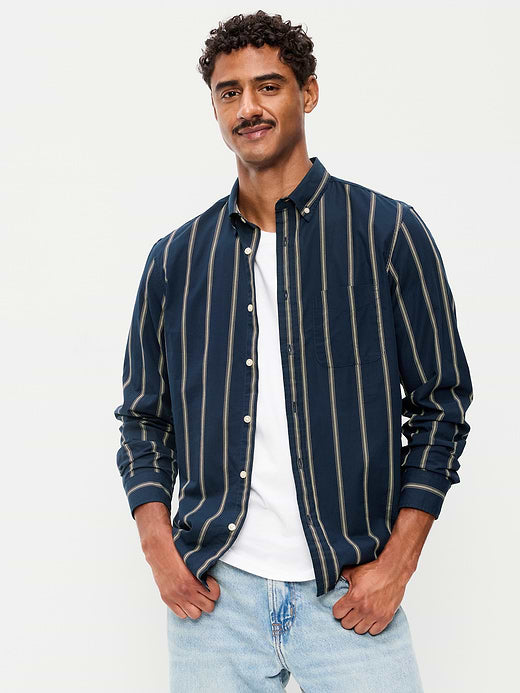 Classic Fit Everyday Striped Poplin Shirt - Dark Blue Stripe