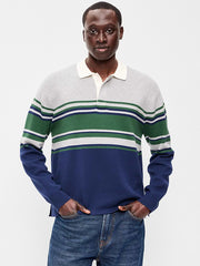 Long-Sleeve Rugby Polo - Grey/navy Stripe