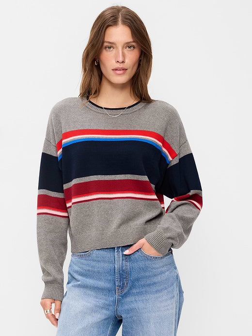 SoSoft Cotton Crew-Neck Cropped Sweater - Gray Stripe