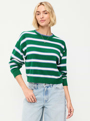 SoSoft Cotton Crew-Neck Cropped Sweater - Green Stripe