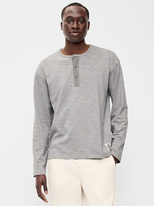 Long-Sleeve Slub-Knit Henley T-Shirt - Gray