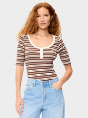 Fitted Scoop-Neck Henley T-Shirt - Earth Brown Stripe