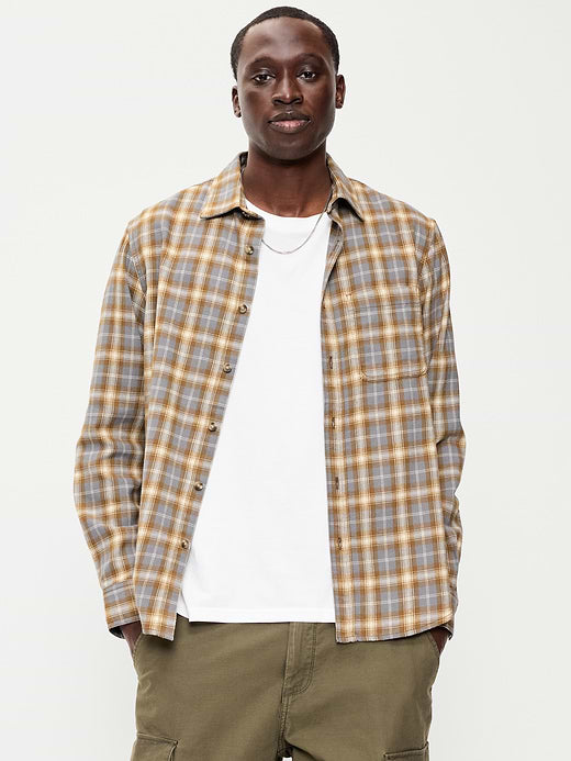 Relaxed Long-Sleeve Plaid Flannel Pocket Shirt - Grayscale