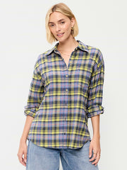 Oversized Button-Down Boyfriend Flannel Shirt - Navy Green Plaid