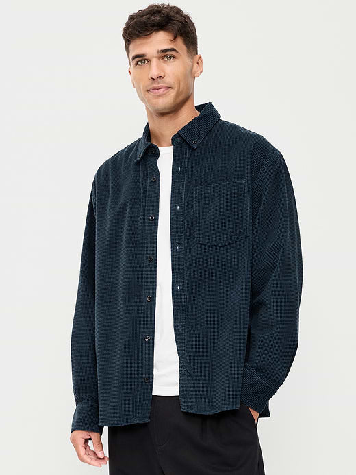 Loose Fit Long-Sleeve Corduroy Shirt - Houndstooth