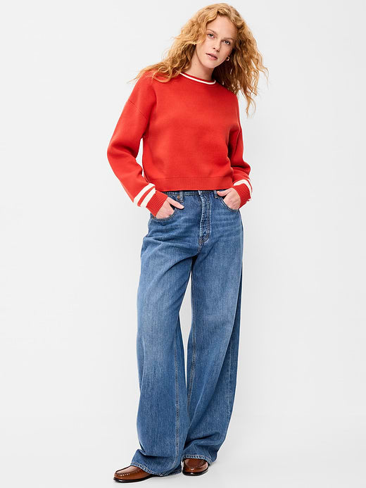 SoSoft Cotton Crew-Neck Cropped Sweater - Red Stripe