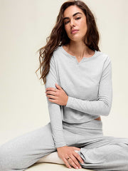 Long-Sleeve Split-Neck Top - Heather Grey