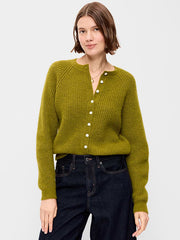 Cozy Crew-Neck Wool-Blend Cardigan - Mysterious Fern