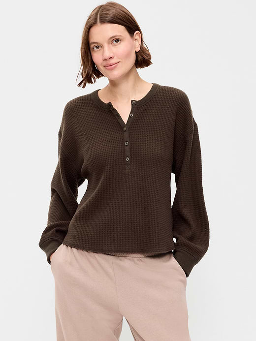 Long-Sleeve Crew-Neck Henley T-Shirt - Black Coffee