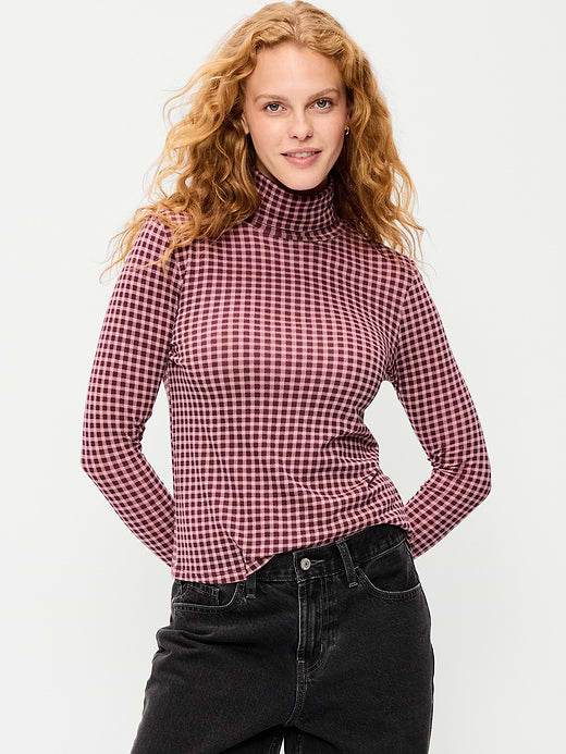 Slim-Fit Printed Turtleneck - Red Gingham