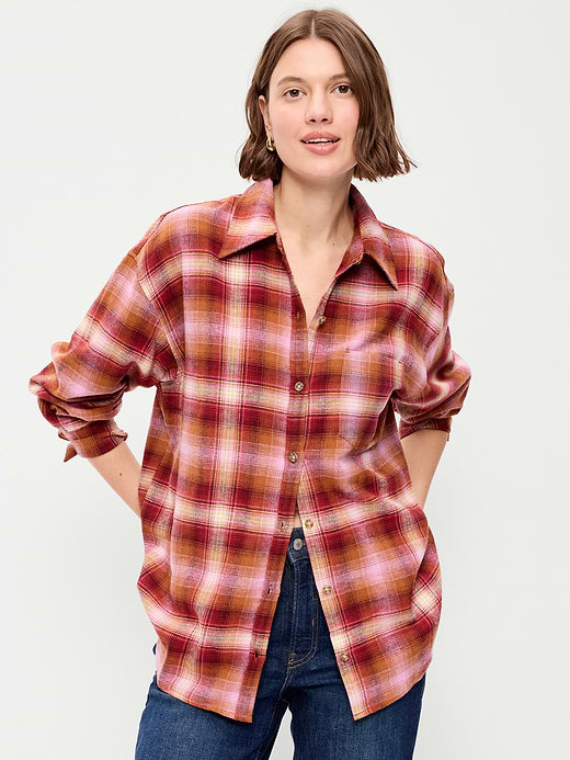 Oversized Button-Down Boyfriend Flannel Shirt - Burgundy Plaid