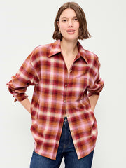 Oversized Button-Down Boyfriend Flannel Shirt - Burgundy Plaid