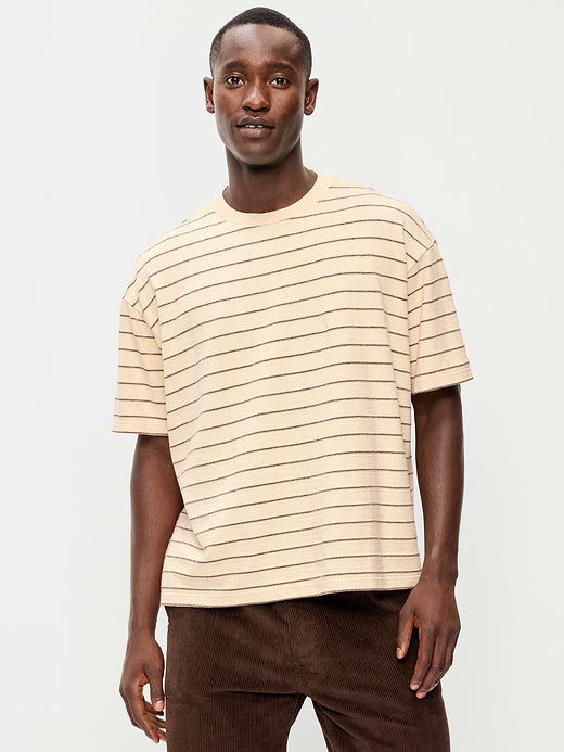 Oversized Heavyweight Garment-Washed T-Shirt - Brown Stripes