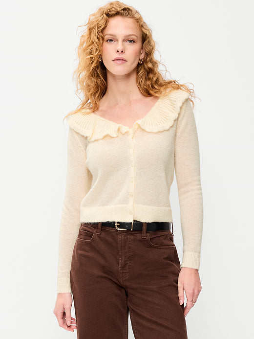 Ruffle-Collar Wool-Blend Pointelle Cardigan - Crème De La Crème