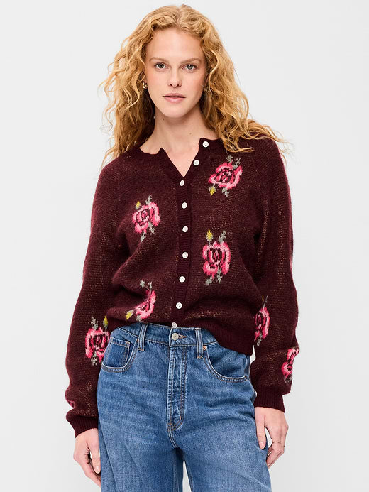Cozy Crew-Neck Wool-Blend Cardigan - Roses