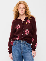 Cozy Crew-Neck Wool-Blend Cardigan - Roses