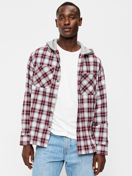 Long-Sleeve Flannel Hooded Shirt - Blue/Red Plaid